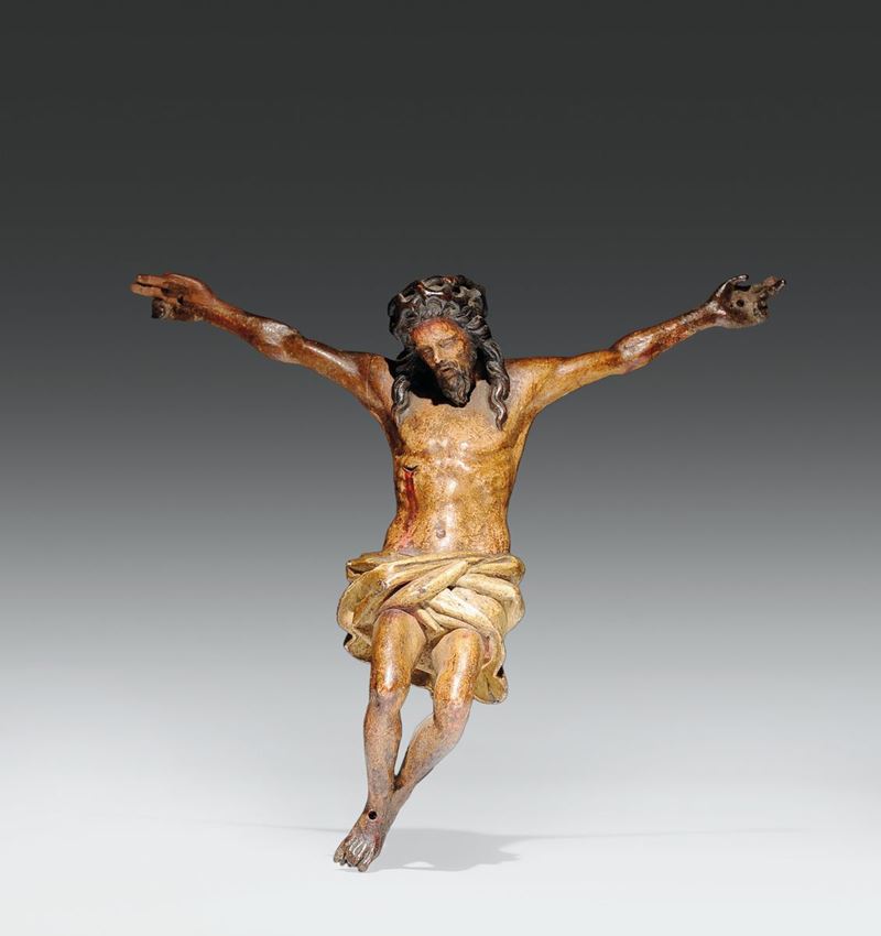 Piccolo Crocifisso in legno policromo, bottega del nord Italia, XV-XVI secolo  - Asta Scultura e Oggetti d'Arte - Cambi Casa d'Aste