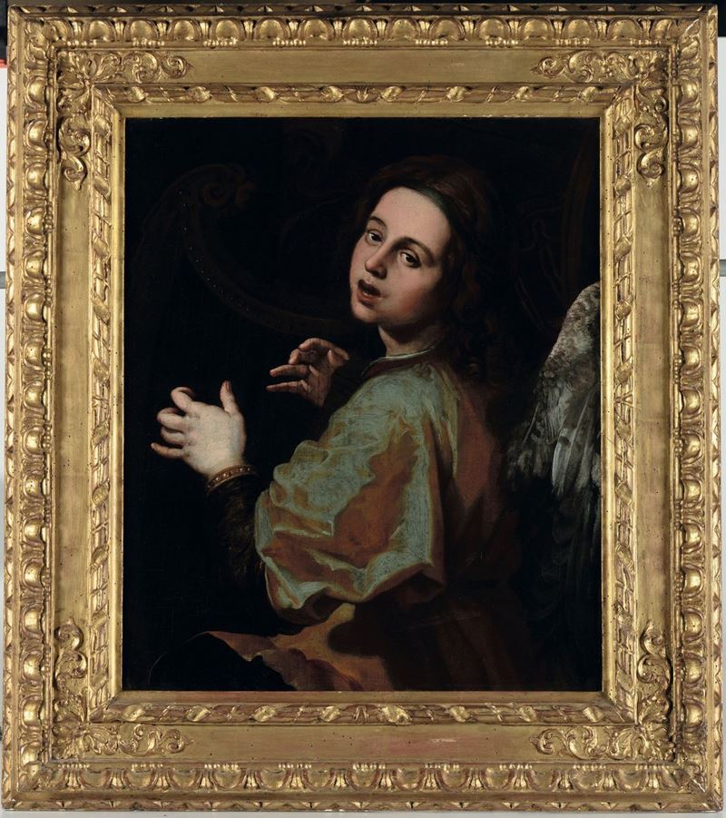 Valentin de Boulogne (Coulommers 1591 - Roma 1632), attribuito a Angelo cantore che si accompagna al suono di una cetra  - Auction Old Masters Paintings - Cambi Casa d'Aste
