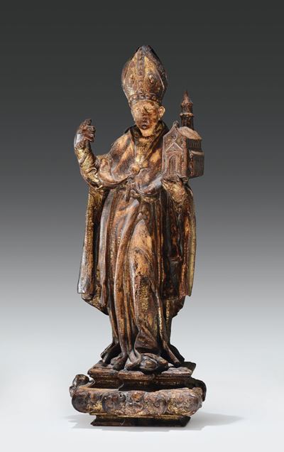 Scultura in Legno Dorato e Dipinto Raffigurante Santo Vescovo che Regge una Chiesa (s.agostino?),...
