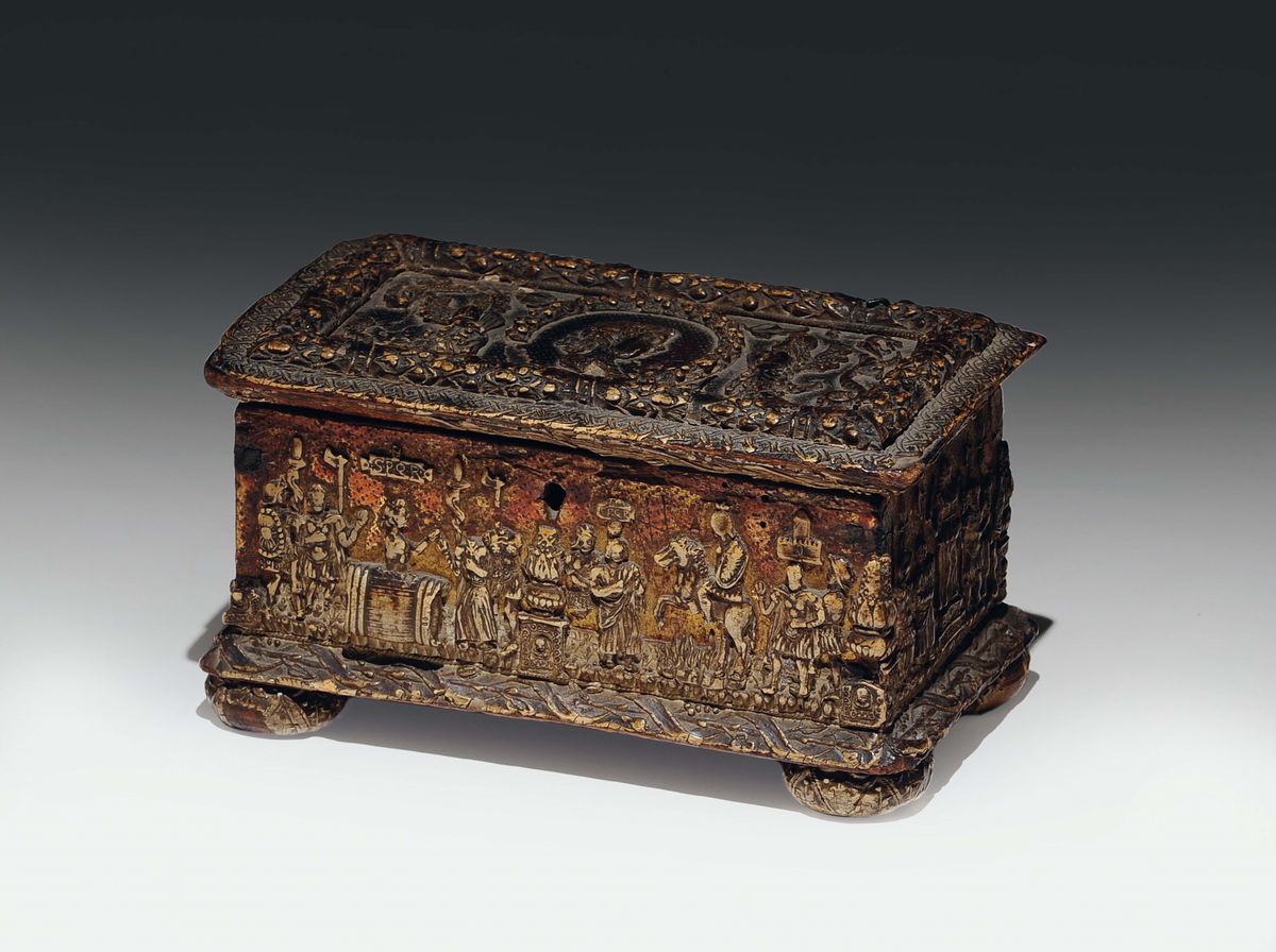 Cofanetto Estense in Pastiglia Muschiata, Maestro dei Trionfi Romani (II Periodo), Ferrara, 1480-...