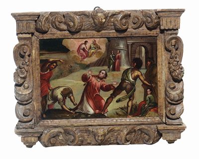 Scuola Veneto-cretese della Fine del XVI Secolomartirio di Santo Stefano Matrimonio Mistico di Sa...