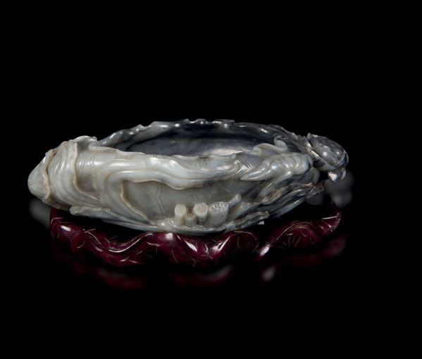 A large grey and russet jade lotus flower brush bowl, China, Qing Dynasty, Qianlong Period (1736-1795)