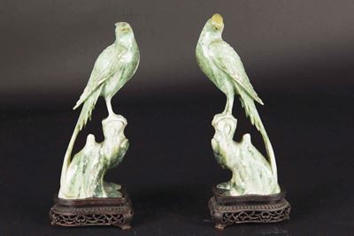 Coppia di Uccellini Scopliti in Giadeite Verde, Cina, XX Secolo
