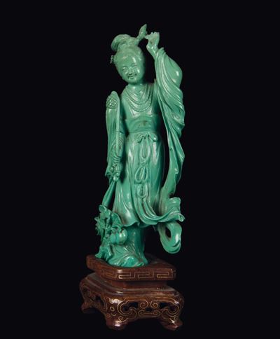 Piccola Figura di Guanyin Scolpita in Turchese, Cina, Dinastia Qing, XIX Secolo