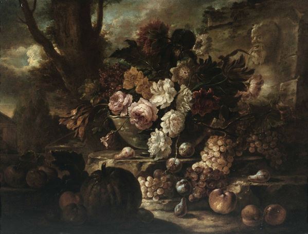 Angelo Maria Rossi (XVII secolo) Natura morta con frutti, canestro di fiori e fontana