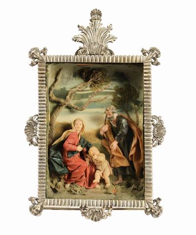 Sacra Famiglia Cere Policrome Entro Cornice in Argento.