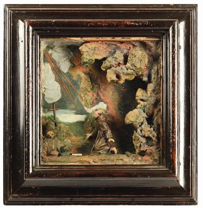 San Francesco che Riceve le Stigmate Cere Policrome e Materiali Naturali Entro Cornice Modanata.
