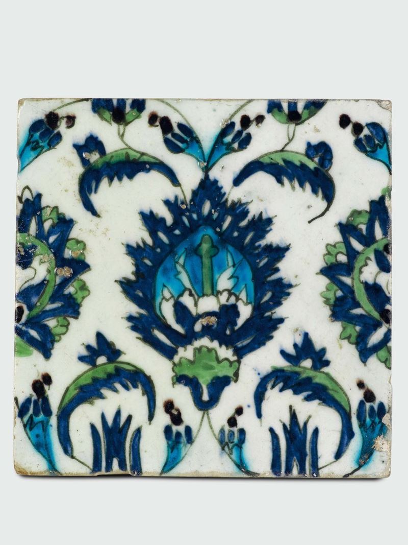 Mattonella quadrata Inznik, Periodo della dinastia Ottomana,secolo XVI  - Auction Collectors' Majolica and Porcelain - Cambi Casa d'Aste