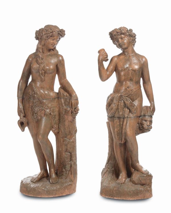 Coppia di sculture in terracotta raffiguranti Bacco e Arianna, XIX secolo