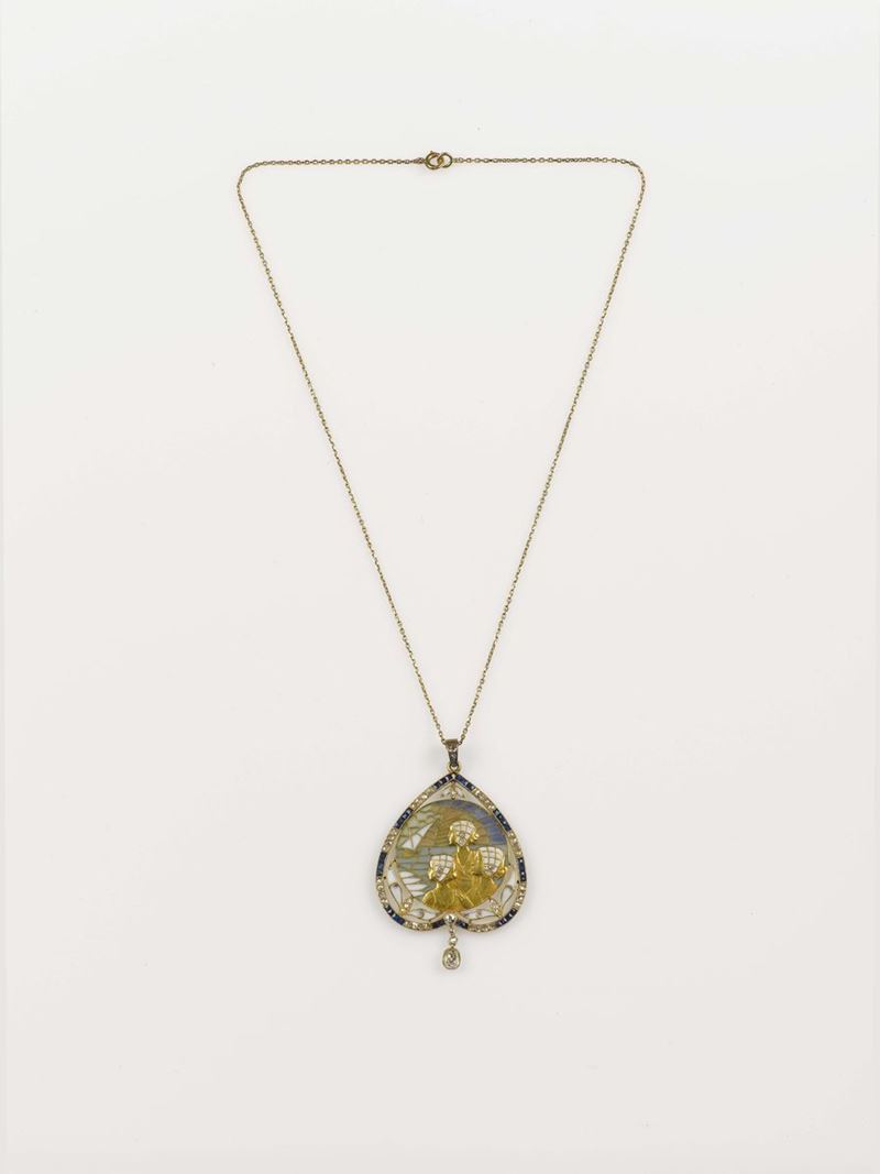 An enamel plique à jour, diamond and sapphire liberty pendant  - Auction Fine Jewels - Cambi Casa d'Aste