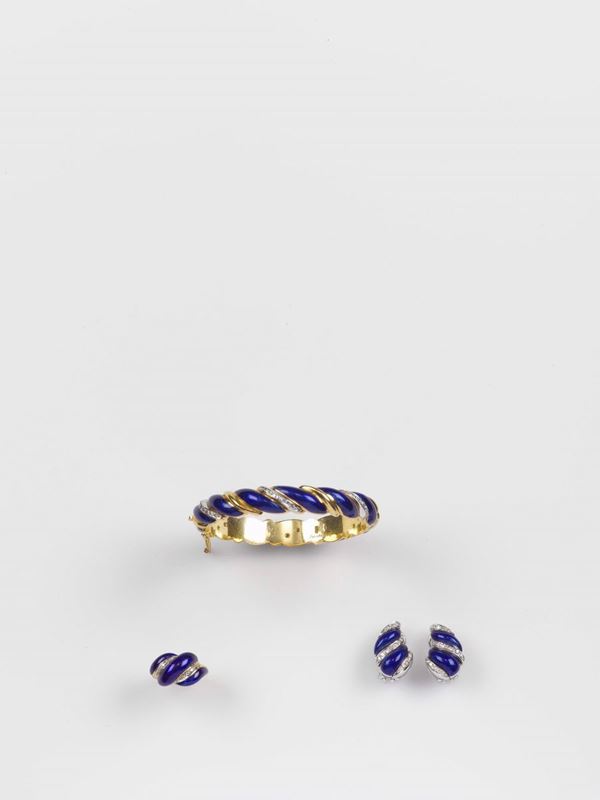 Enamel and diamond parure comprising a bracelet, a ring and a pair of earrings