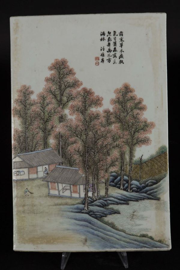 Eight polychrome enamelled porcelain plaques depicting common life scenes and inscriptions, China, Qing Dynasty, late 19th century