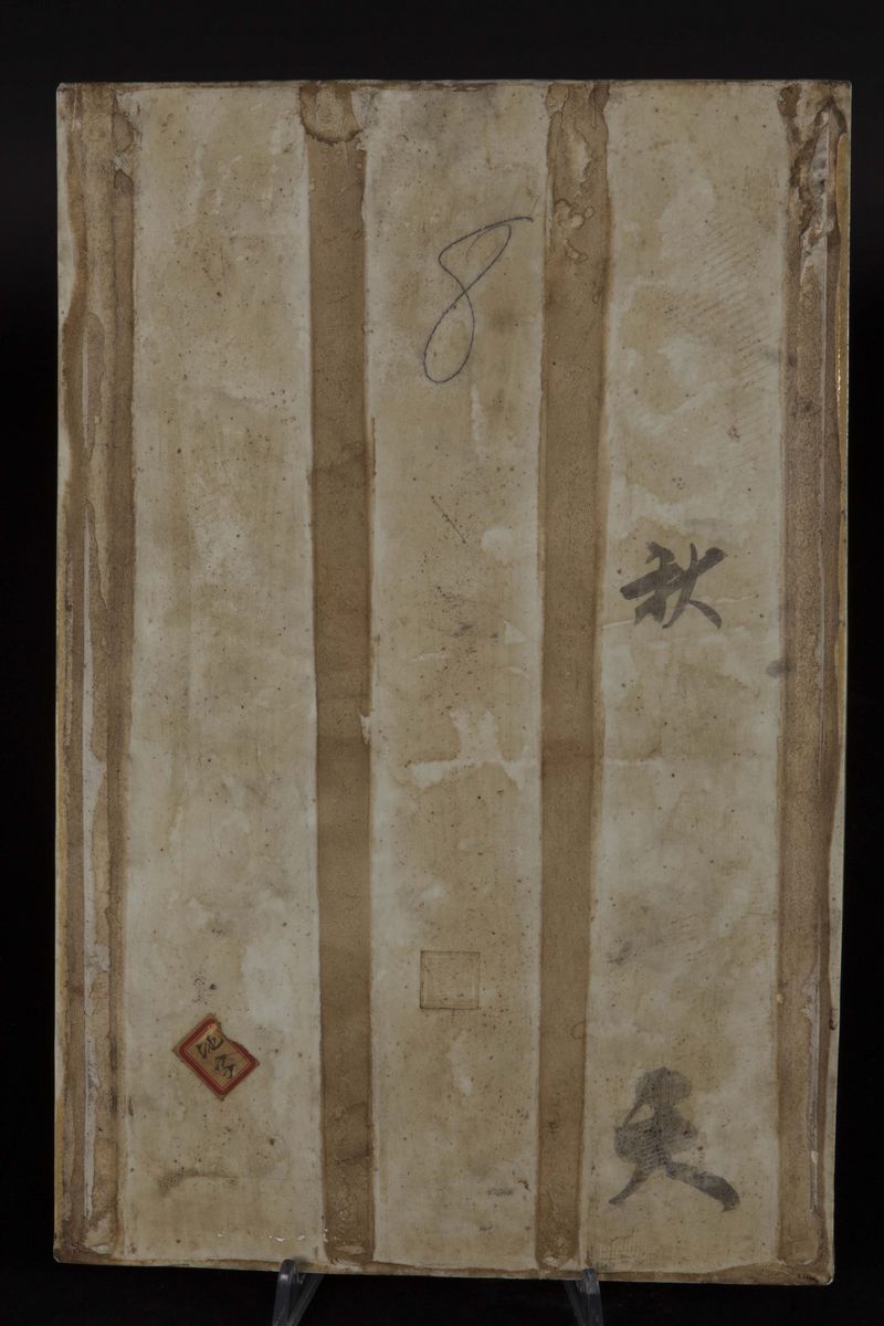 Otto Placche in Porcellana a Smalti Policromi con Iscrizioni, Raffiguranti Scene di Vita Comune, ...
