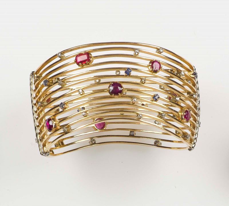 Ruby, sapphire and diamond bangle  - Auction Vintage, Jewels and Bijoux - Cambi Casa d'Aste