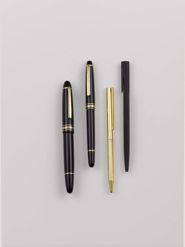 Montblanc, Bulgari and Dupont, rollerball, highlighter and two ballpoint pens