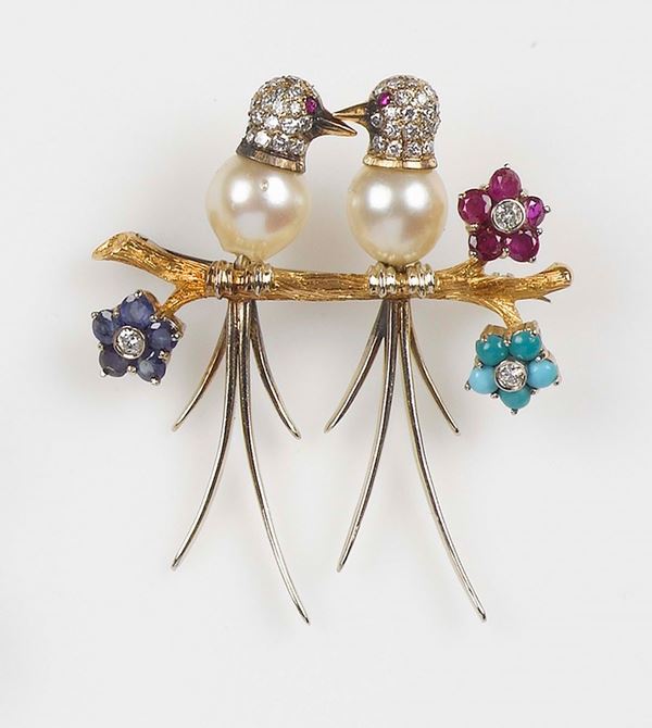 Spilla “uccellini” con perle, diamanti, rubini zaffiri e turchesi