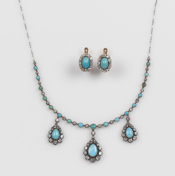A parure composed of turquoise and diamond necklace and earrings