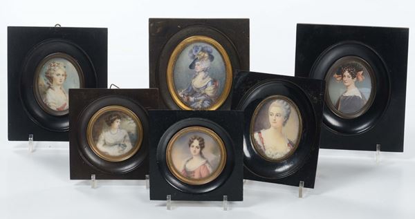 Sei miniatura raffiguranti ritratti femminili, XIX/XX secolo