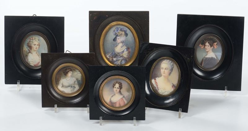 Sei miniatura raffiguranti ritratti femminili, XIX/XX secolo  - Asta Antiquariato - Cambi Casa d'Aste