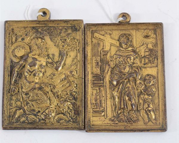 Due placchette in bronzo fuso, cesellato e dorato raffiguranti S.Gerolamo e S.Antonio, scuola veneta del XVI secolo