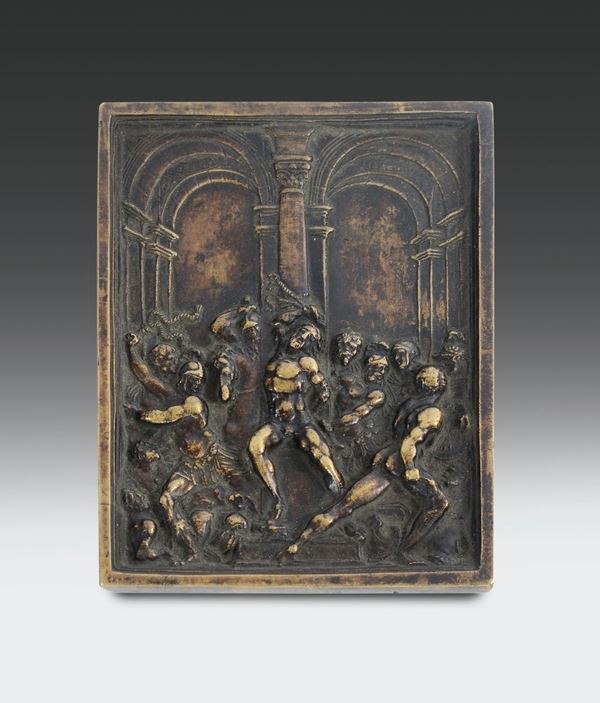 Placchetta bronzo fuso, cesellato tracce di doratura raffigurante flagellazione, Italia inizi XVI secolo, Galeazzo Mondella detto il Moderno (1467-1528)