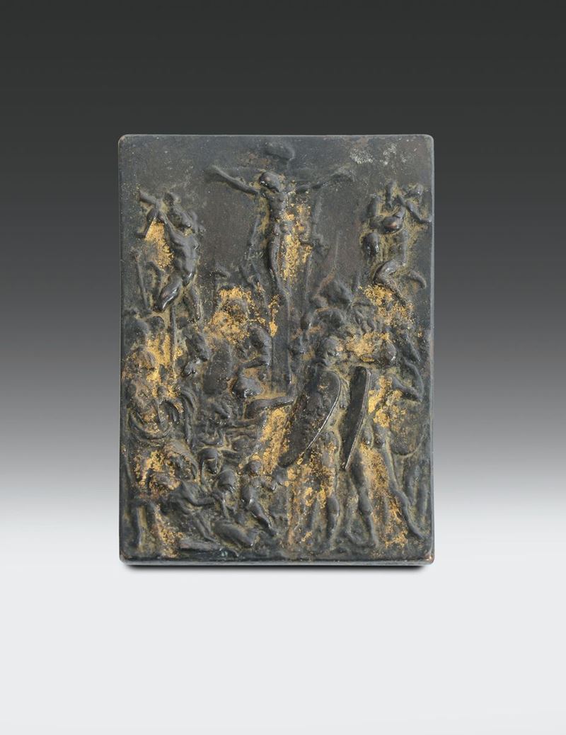 Placchetta bronzo fuso, cesellato tracce di doratura raffigurante crocifissione, circa 1486-1489, Galeazzo Mondella detto il Moderno (1467-1528)  - Asta Scultura e Oggetti d'Arte - Cambi Casa d'Aste
