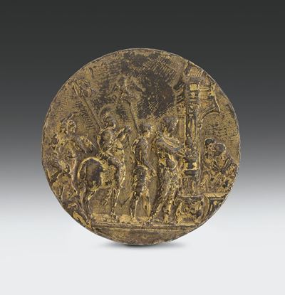 Placchetta Tonda in Bronzo Fuso, Cesellato e Dorato Raffigurante Muzio Scevola, Maestro Io.f.f (g...