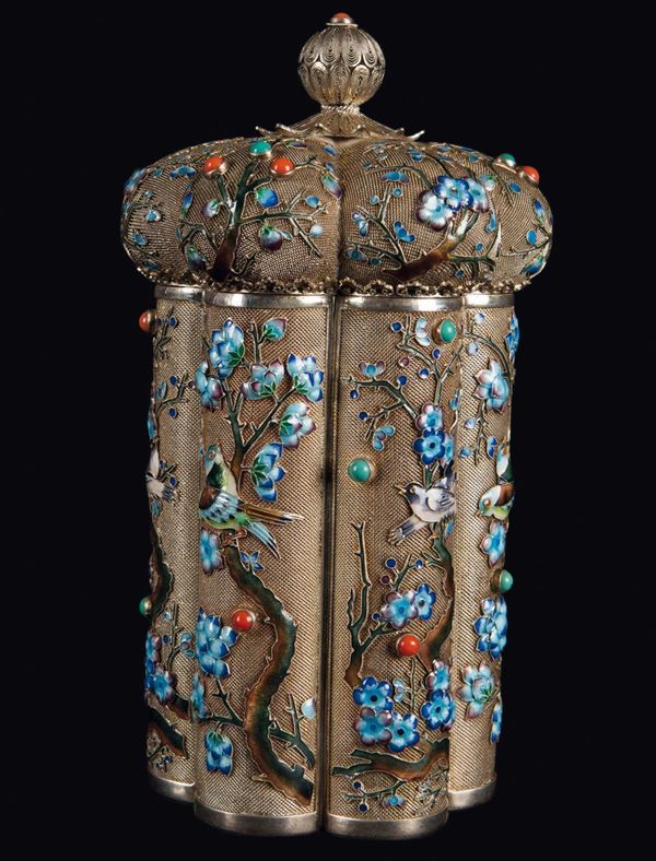 A silver filigree and polychrome glazed blossom inlays basket and cover, China, Qing Dynasty, 19th century