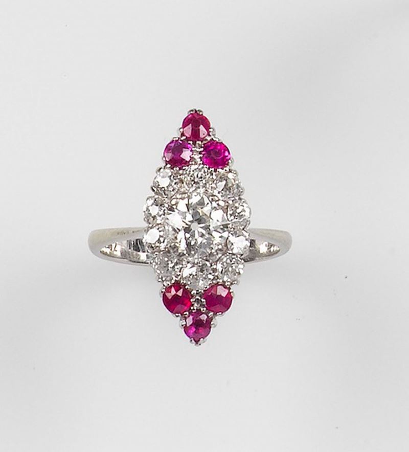 A marquise-cut diamond and ruby ring. Mounted in white gold 750/1000  - Auction Fine Jewels - Cambi Casa d'Aste