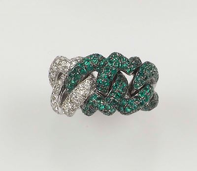 Anello a Maglia Gourmette con Pavé di Diamanti e Smeraldi