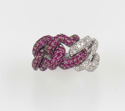 Anello a Maglia Gourmette con Pavé di Diamanti e Rubini