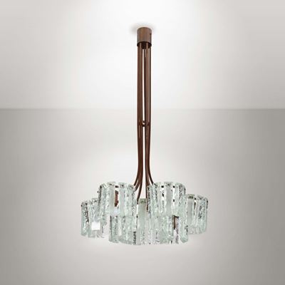Lampadario con Struttura in Ottone Nichelato e Vetri Lavorati a Strappo. Prod. Italia, 1960 Ca.