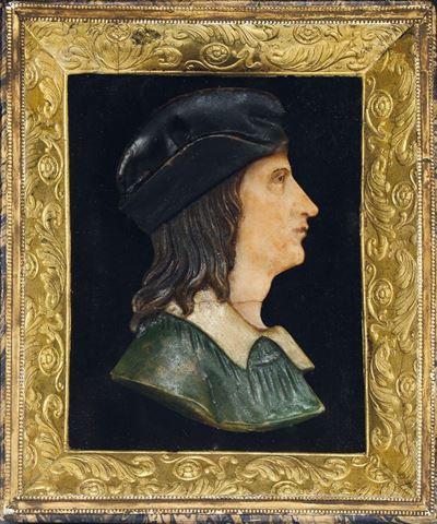 Profilo di Uomo in Cera in Cornice Dorata Neoclassica. Periodo Neoclassico