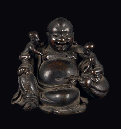 Figura di Budai in Bronzo con Fanciulli, Cina, Dinastia Ming, XVII Secolo