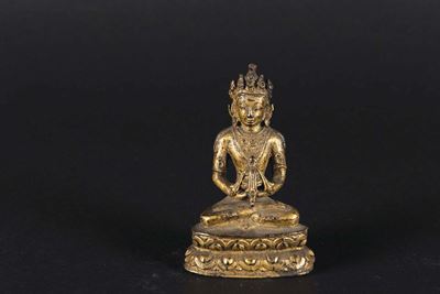 Piccola Figura di Amitaya in Bronzo Dorato, Tibet, XVIII Secolo