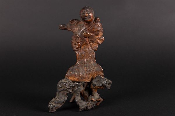 Figura di saggio scolpita in legno, Cina, Dinastia Qing, XIX secolo