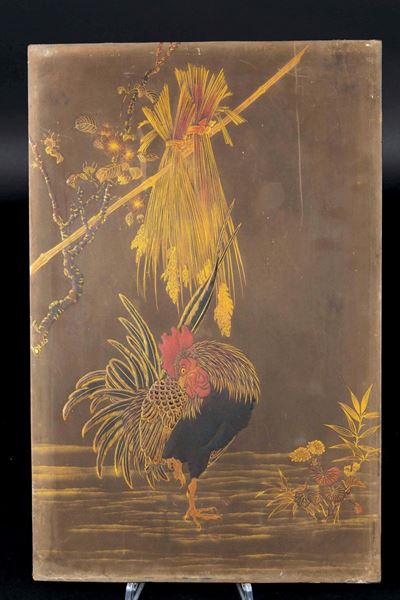Tavola in Legno Laccato con Figura di Gallo, Giappone, XIX Secolo