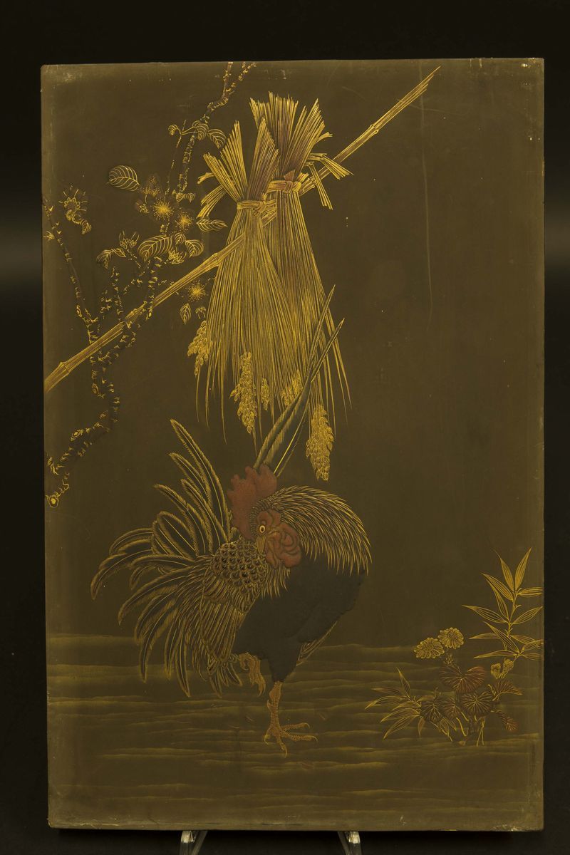 Tavola in Legno Laccato con Figura di Gallo, Giappone, XIX Secolo