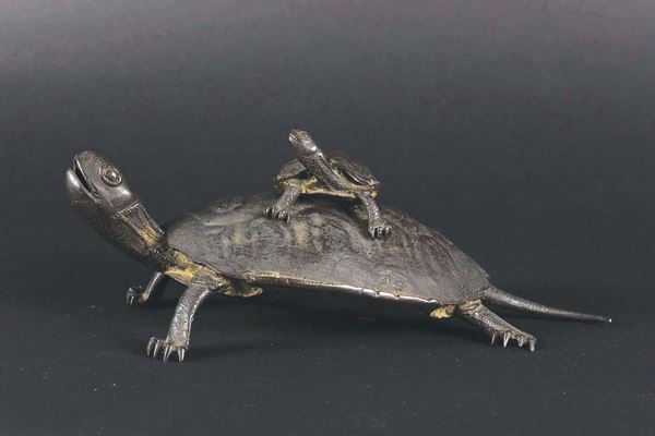 A bronze tortoise and puppy group, Japan, 17th century