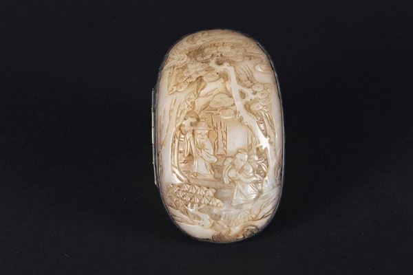 A silver box and cover with white jade plaque depicting wise men between landscape, China, Qing Dynasty, 18th century