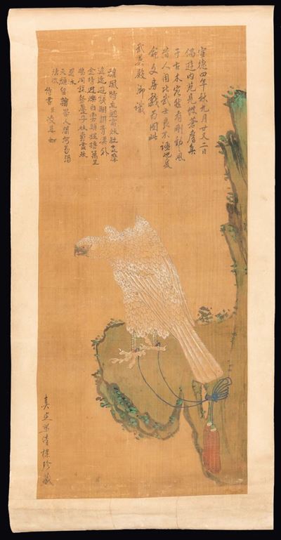 Dipinto su Carta Raffigurante Falco con Iscrizioni, Cina, Dinastia Qing, XIX Secolo