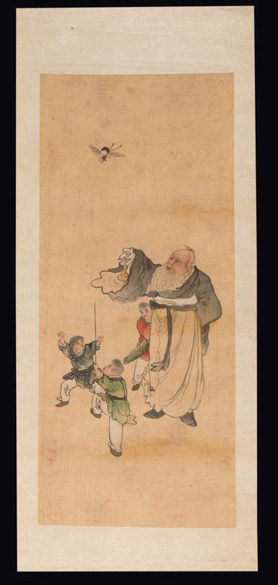 Coppia di Dipinti su Carta Raffiguranti Attendente con Fanciulli, Cina, Dinastia Qing, XIX Secolo