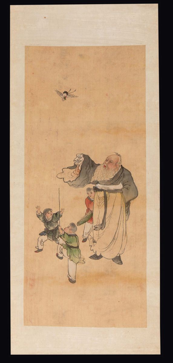 A pair of paintings on paper depicting wise man with children, China, Qing Dynasty, 19th century