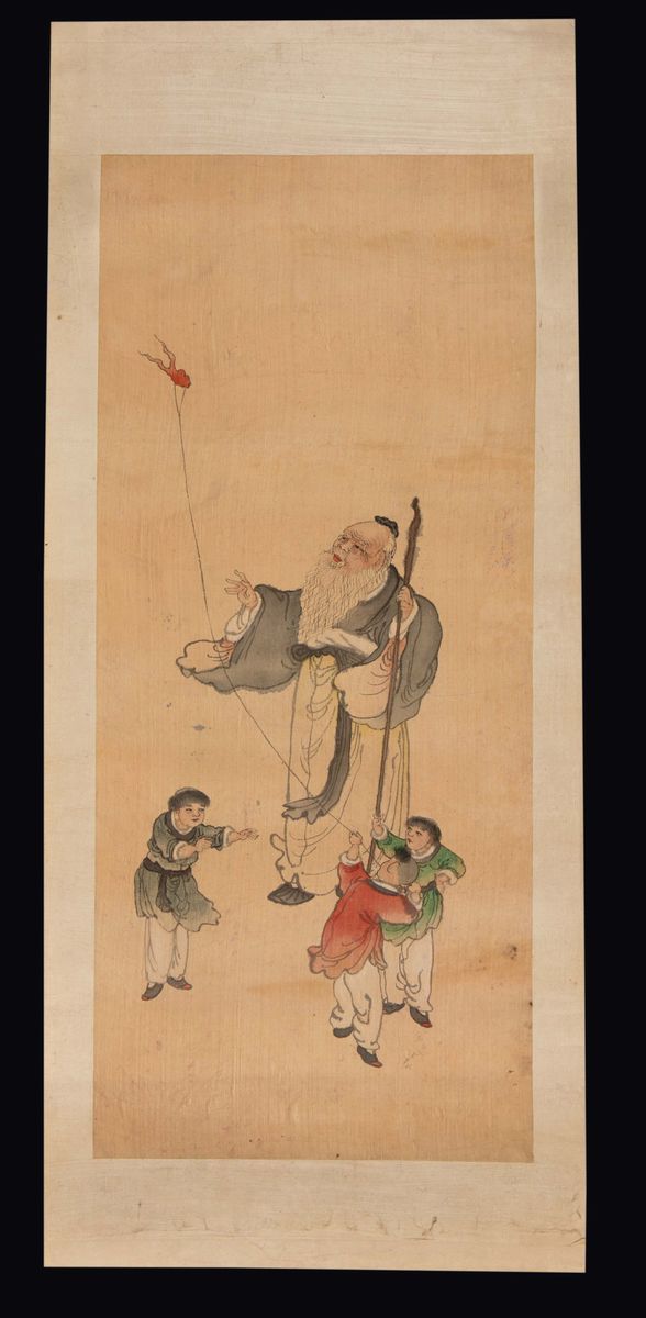 Coppia di Dipinti su Carta Raffiguranti Attendente con Fanciulli, Cina, Dinastia Qing, XIX Secolo