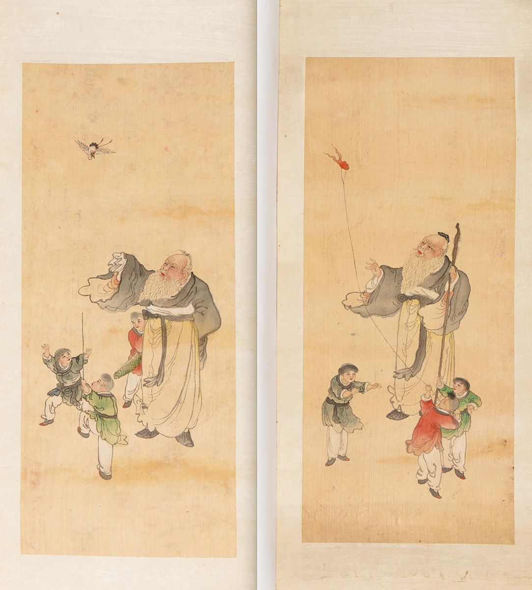 Coppia di Dipinti su Carta Raffiguranti Attendente con Fanciulli, Cina, Dinastia Qing, XIX Secolo