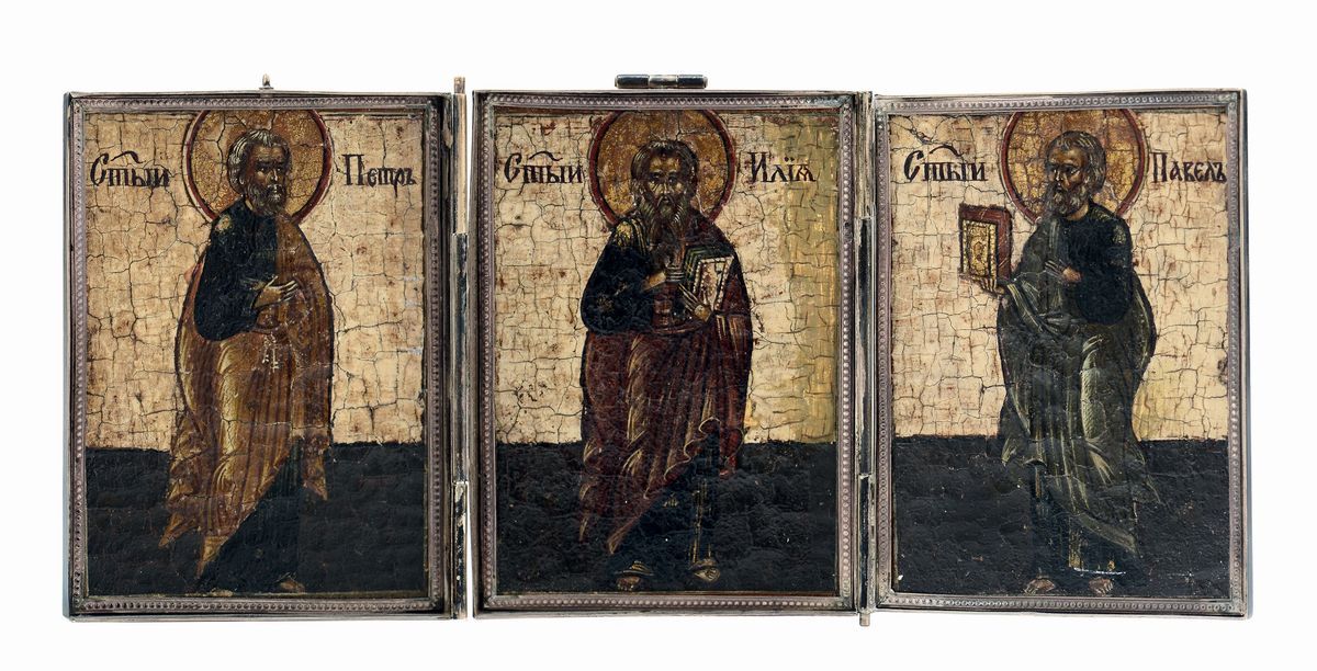 Trittico Devozionale da Viaggio con Custodia in Argento Fuso, Sbalzato e Cesellato, Russia Inizi ...