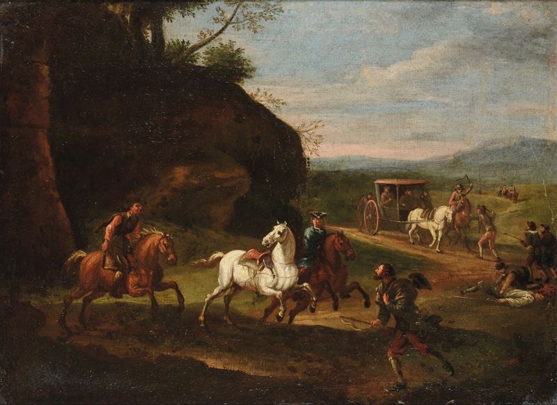 Pieter Van Bloemen detto lo Stendardo (Anversa 1657-1720) Battaglia con cavalieri  - Asta Dipinti Antichi - Cambi Casa d'Aste