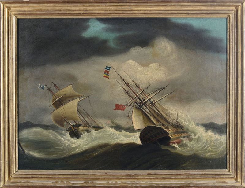 Cornelis Van Der Velden (1806-1828) Velieri in mare in tempesta  - Asta Arte Marinara e Strumenti Scientifici - Cambi Casa d'Aste