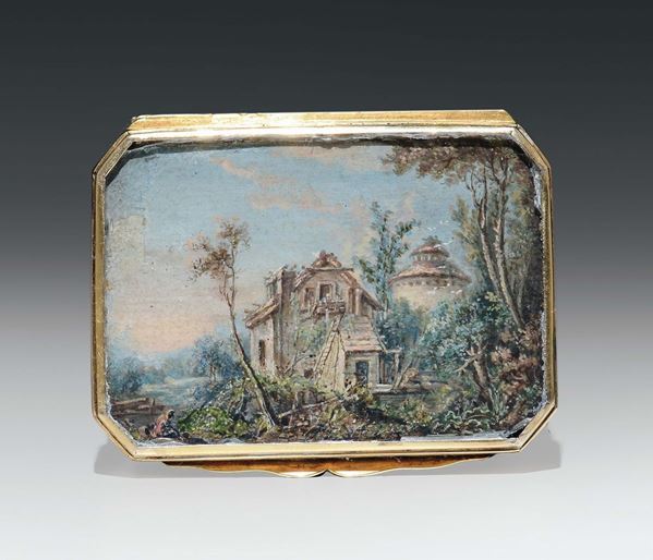 Scatola in lapislazzulo con finimenti in oro. Sul coperchio miniatura con paesaggio nordico, Europa centrale, XVIII secolo