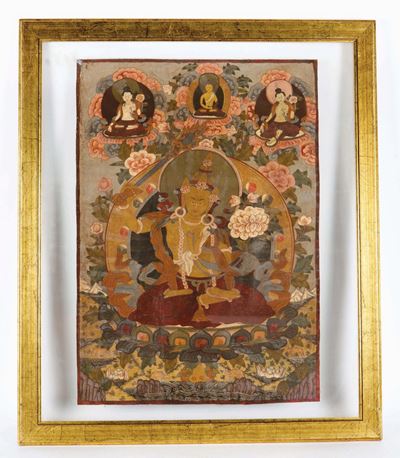 Tanka su Seta Incorniciato Raffigurante Quattro Divinità, Tibet, XX Secolo